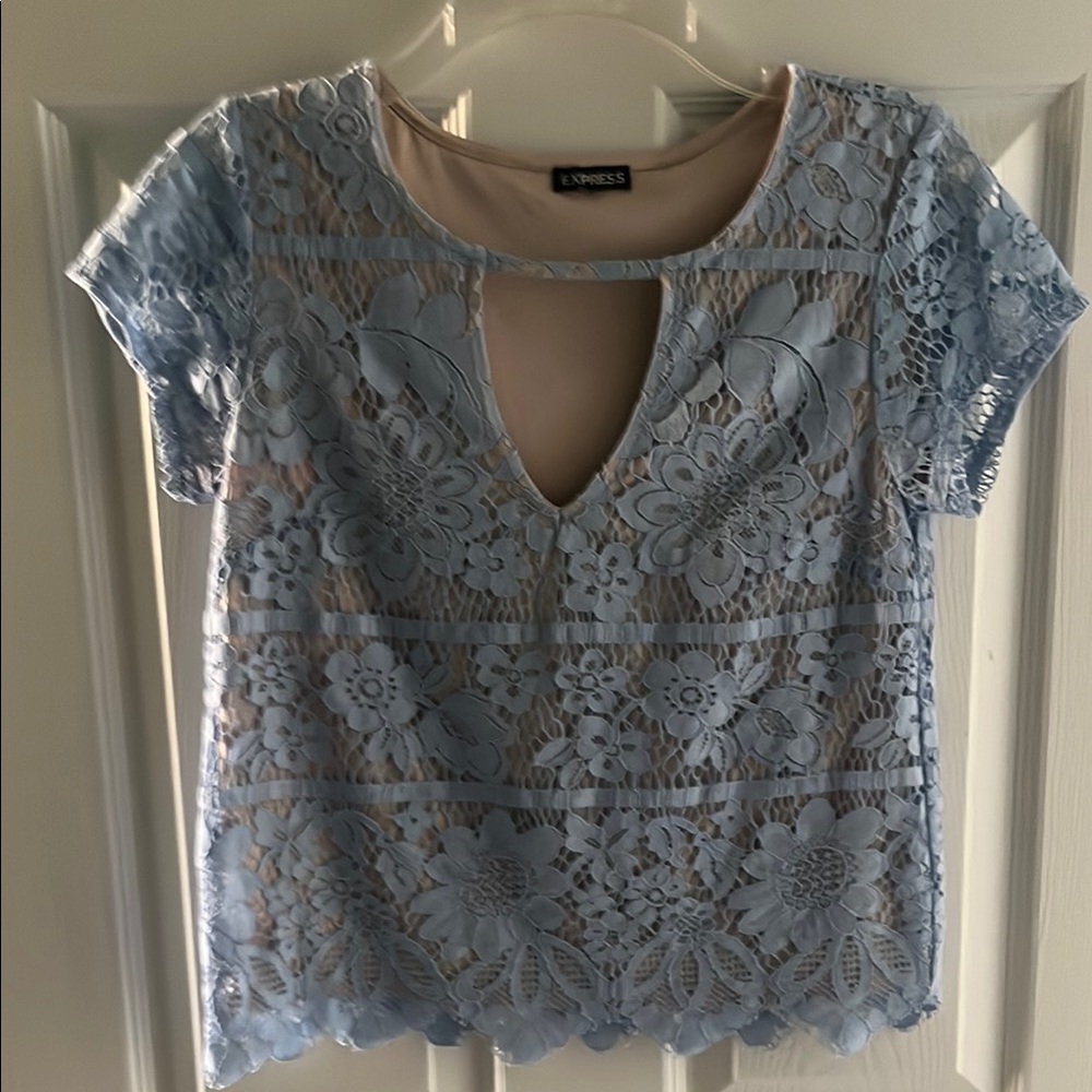 Express Light Blue Floral Lace Blouse